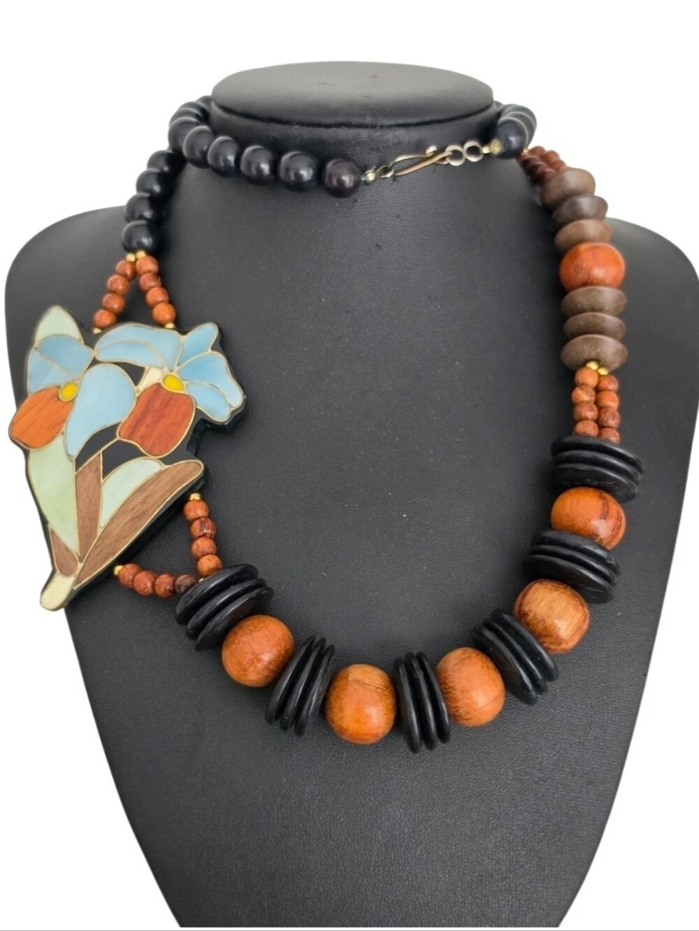Vintage Phillipine Lily Mother Of Pearl Chunky Necklace Black Brown Wood Beads